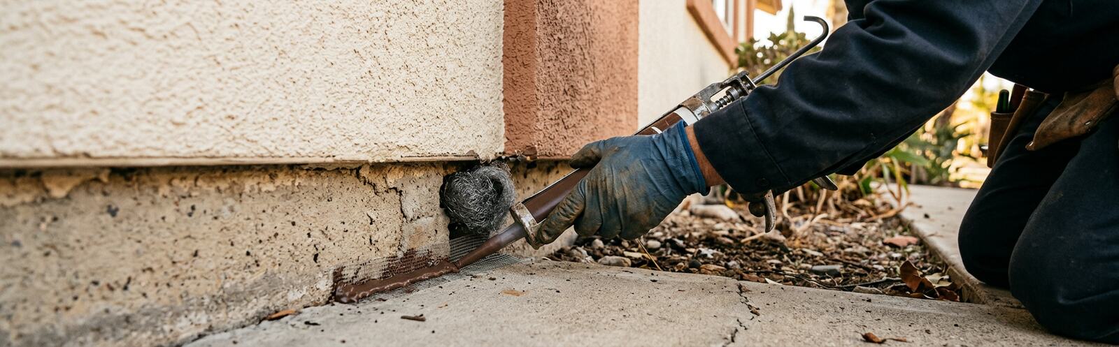 Rodent entry point being sealed on home exterior