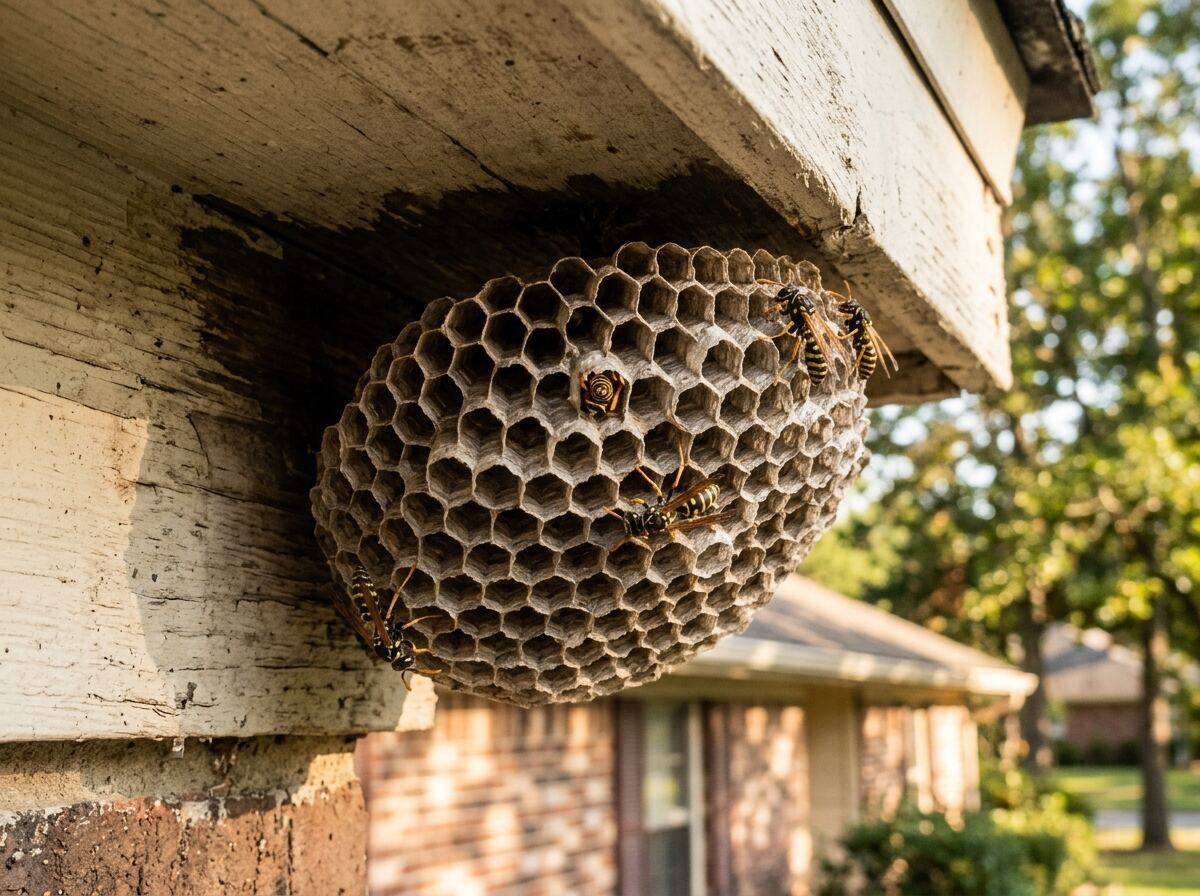 Paper wasp nest under eave