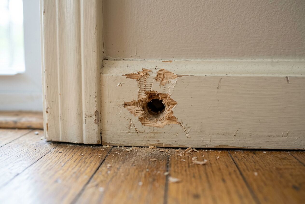 Rodent entry point and droppings along a wall