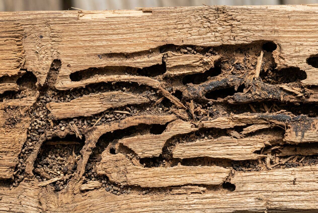 Termite mud tubes running along a wooden beam